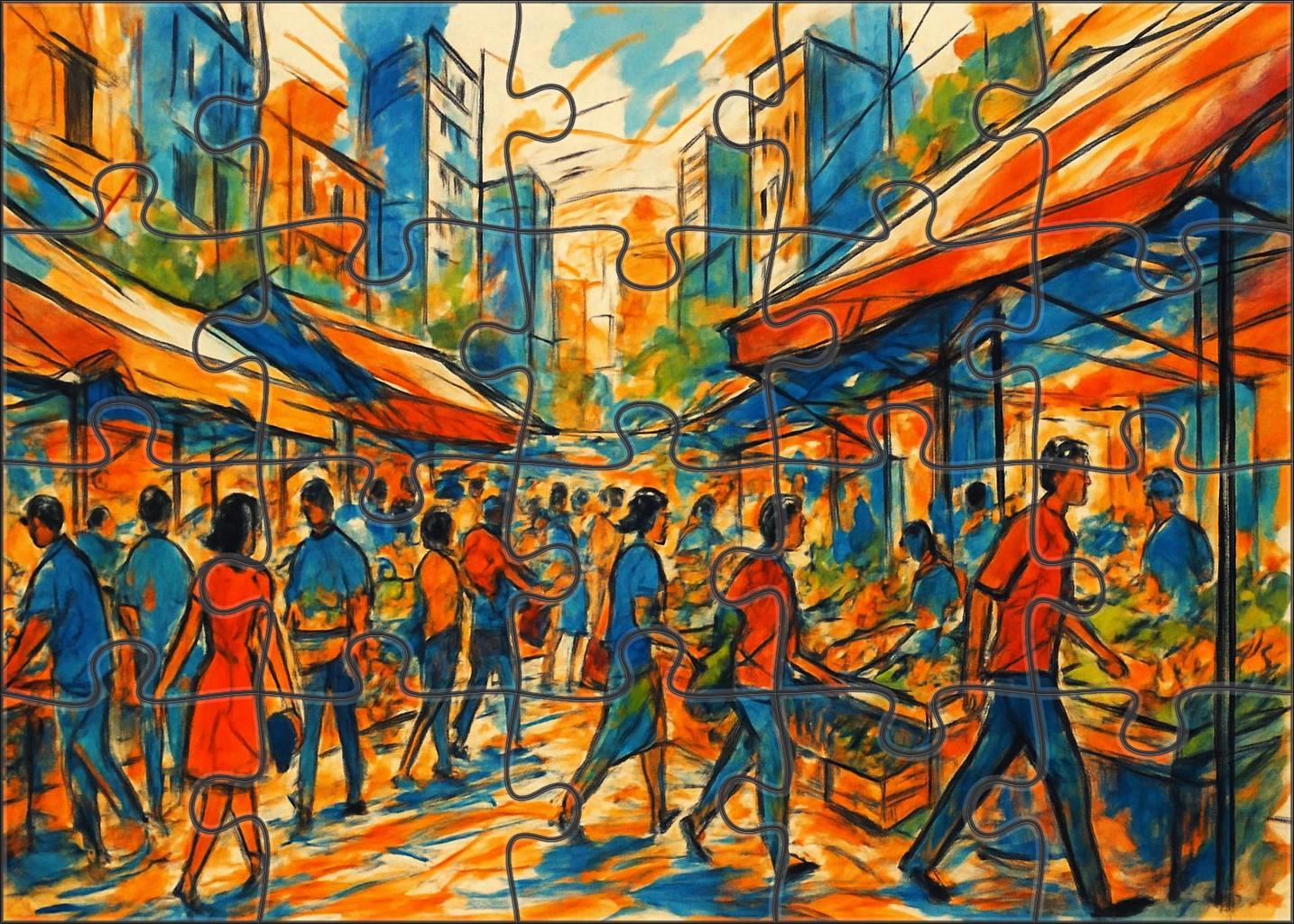 Energetic City Market Loose Ink And Watercolor Sketch Puzzle Challenge