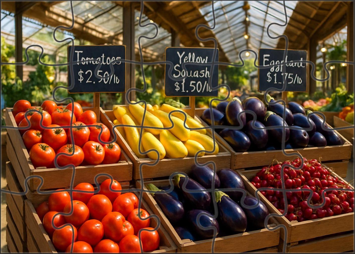 Sunlit Farmers Market Aisle Rows Of Colorful Seasonal Produce In Wooden Crates 20 Piece Puzzle
