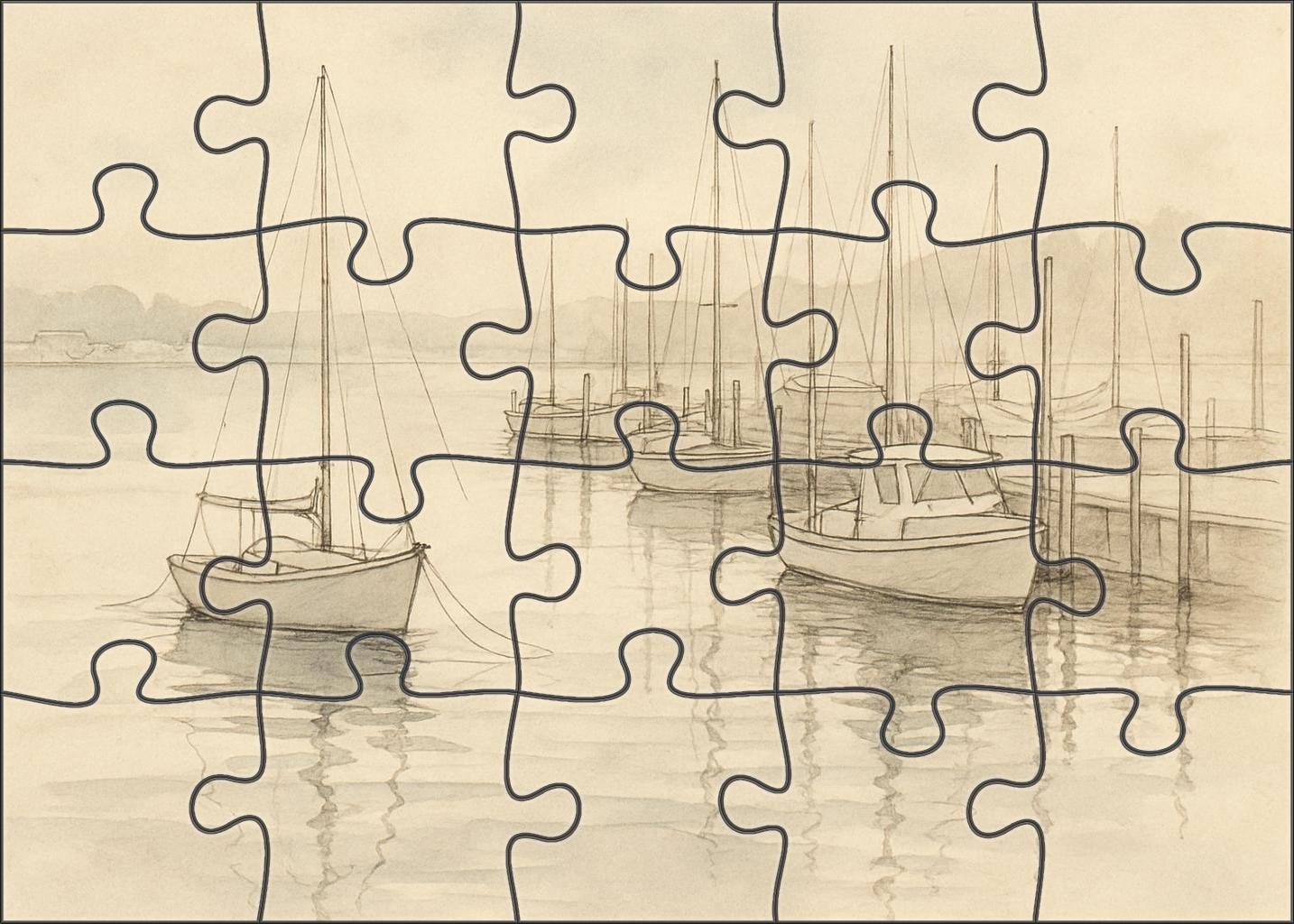 Silent Harbor Nocturne Ink Wash And Fine Line Dockside Scene Premium Puzzle Pieces