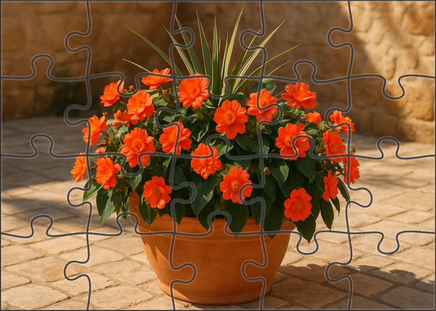 Sun-kissed Courtyard Planter Bold Orange And Coral Blooms With Spiky Green Foliage Accents Puzzle For Kids