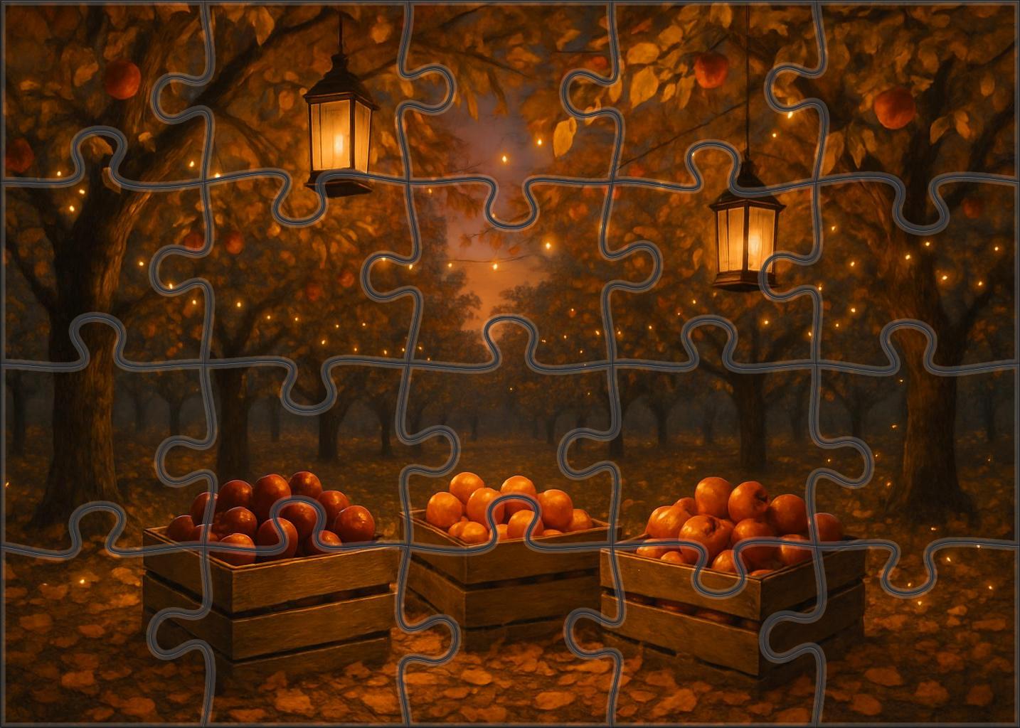 Amber Orchard Twilight Glowing Lanterns Amid Golden Foliage Puzzle Fun
