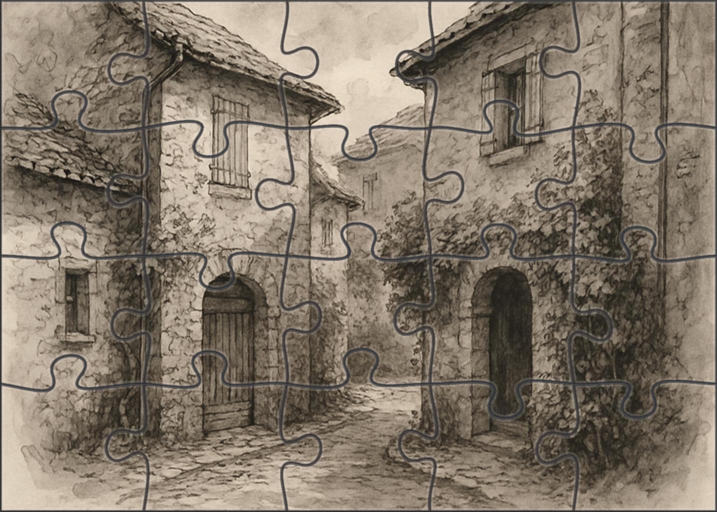 Rustic Village Scene Ink Pen And Wash Drawing With Textured Architectural Detail Mini Puzzle