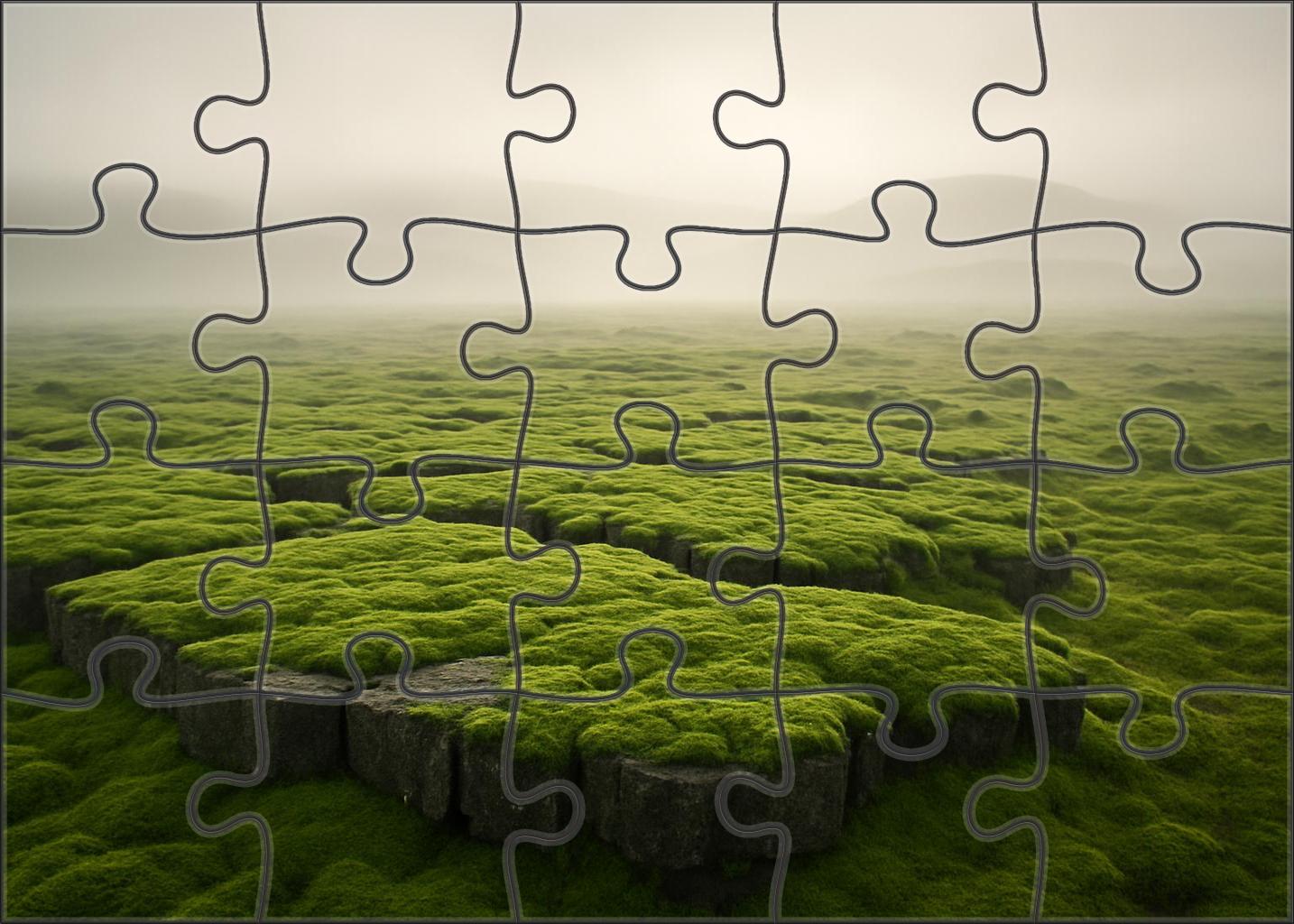 Moss-covered Basalt Plateau At Misty Dawn Mini Puzzle