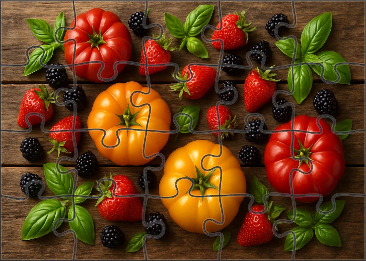 Garden Harmony Mixed Heirloom Tomatoes And Fresh Berries On Wooden Boards 20 Piece Puzzle