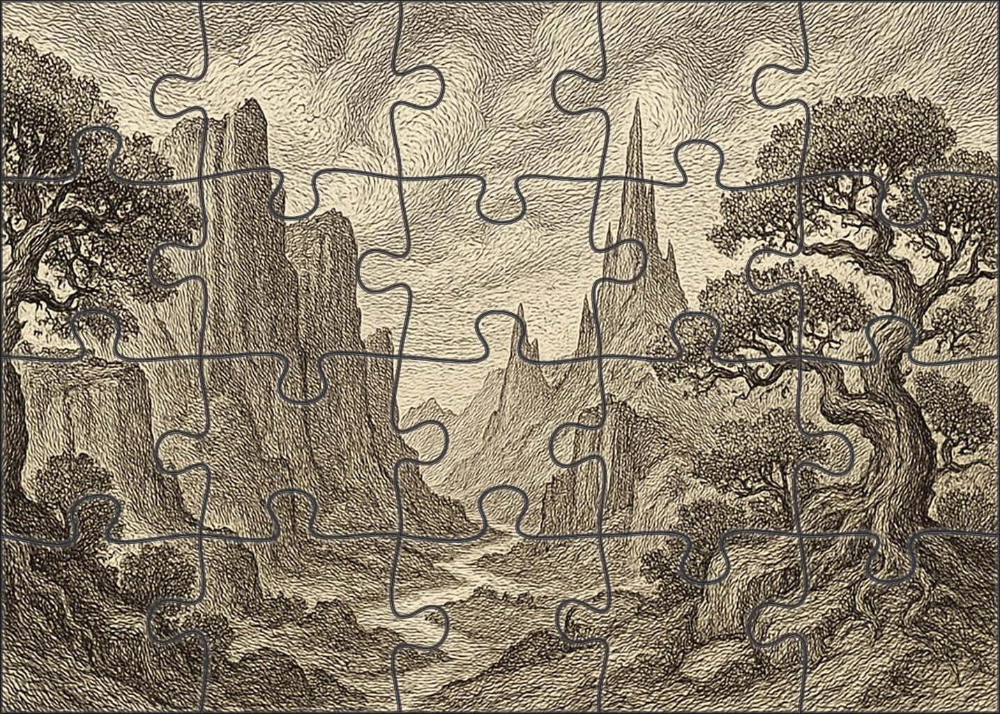 Mythical Landscape Panorama Pen And Ink With Detailed Textural Patterns Large Format Puzzle