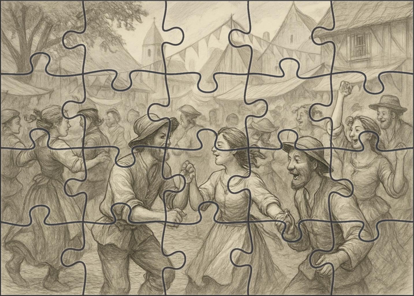 Narrative Village Festival Scene Mixed Pencil And Ink With Animated Character Interaction Mini Puzzle