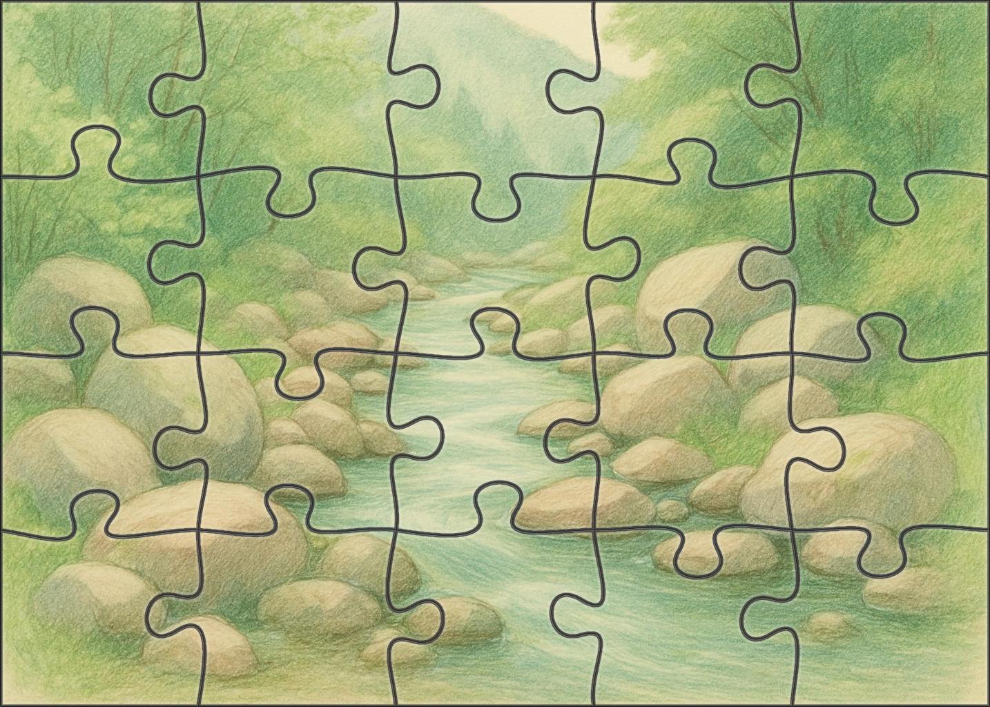 Serene Mountain Stream Delicate Colored Pencil Landscape Puzzle Challenge
