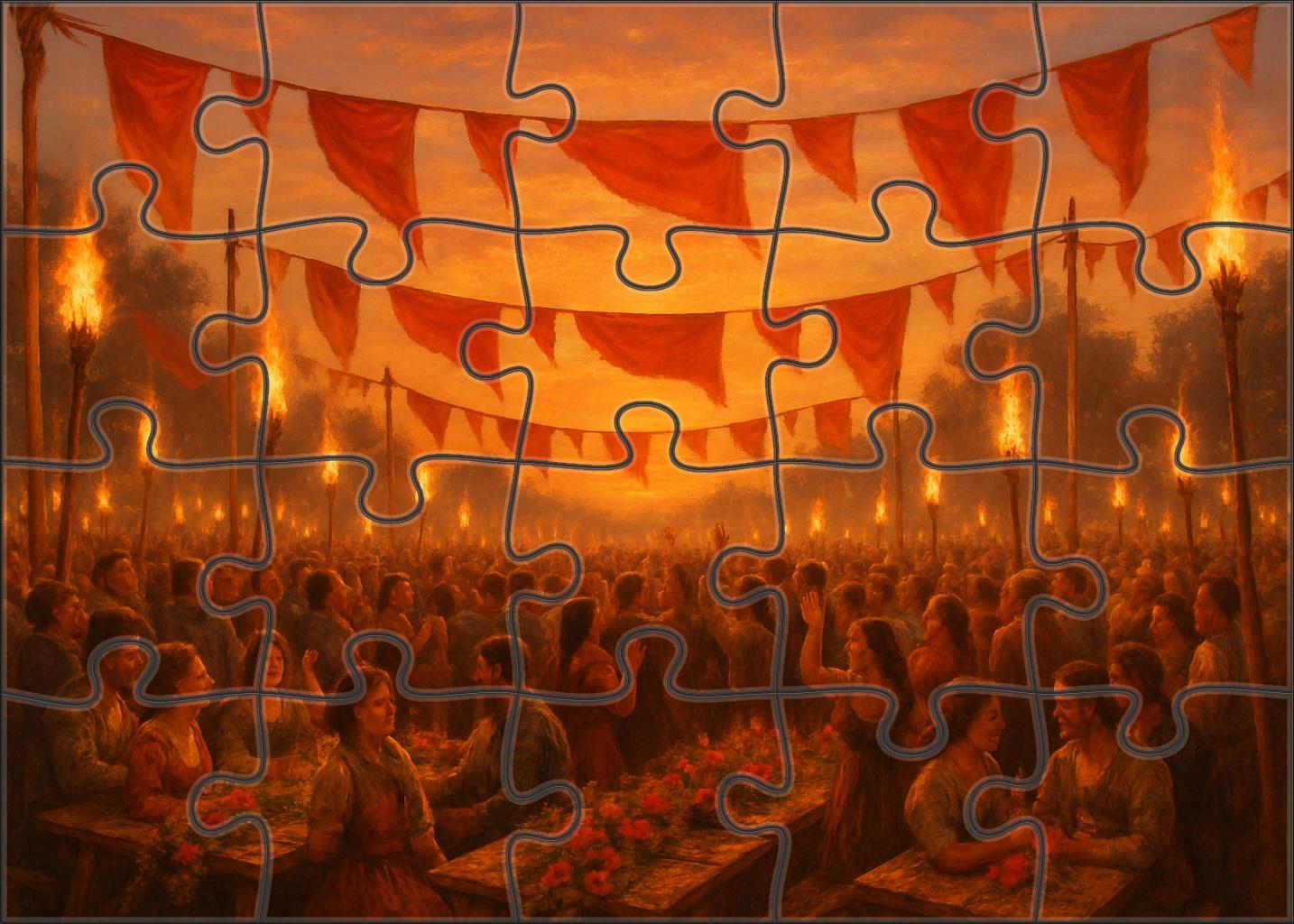 Crimson Sunset Festival Bold Banners And Festive Fires 100 Piece Puzzle