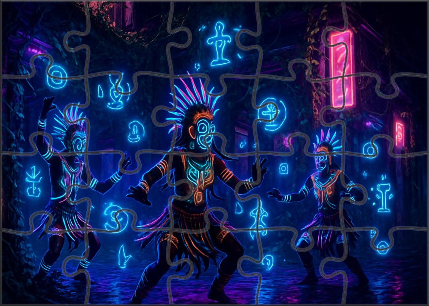 Post-urban Cyber Ritual Digital Shamans In A Neon Jungle 20 Piece Puzzle
