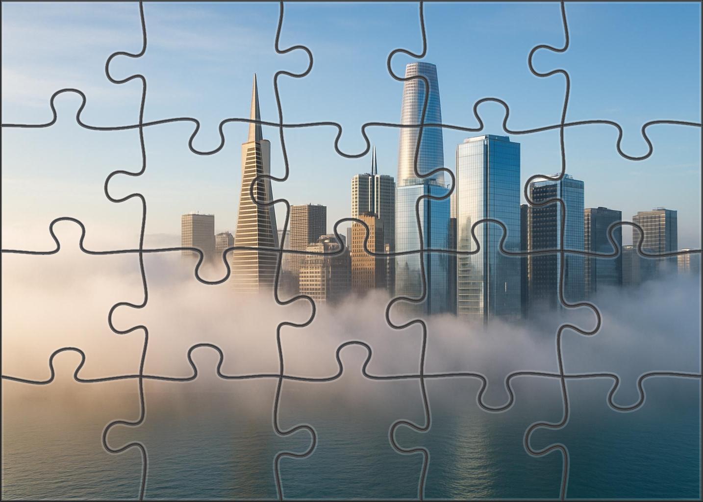 San Francisco Bay Skyline Iconic Blend Of Bay Waters Hills And Modern Towers Including Salesforce Tower And Transamerica Pyramid Unique Puzzle Design