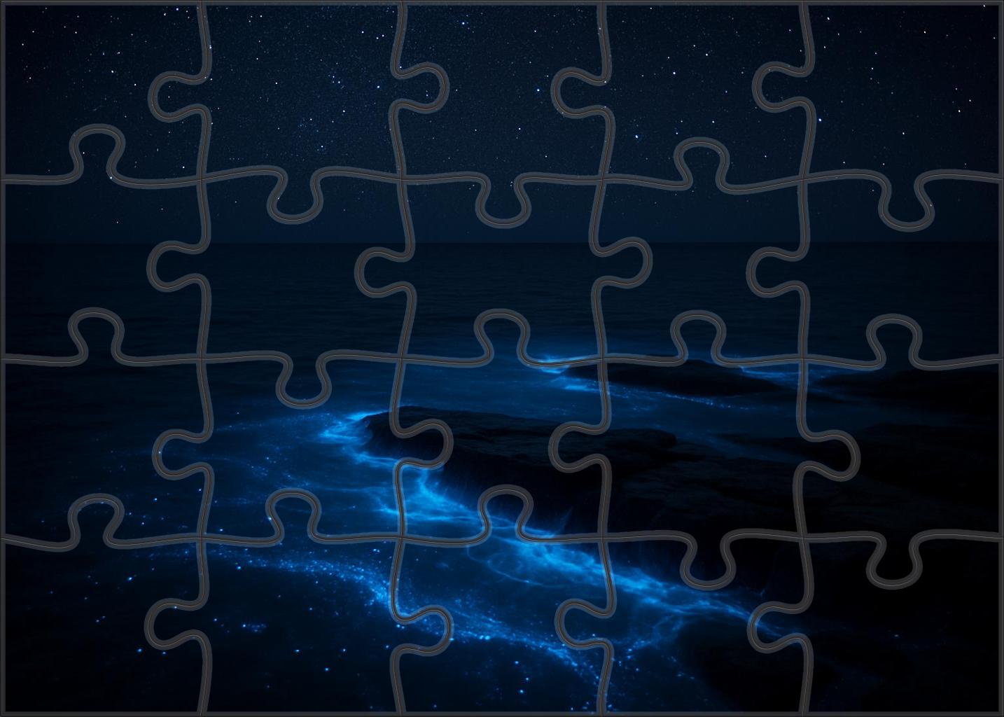 Celestial Bioluminescent Shelf Glowing Blue Waves On A Calm Night Challenging Puzzles