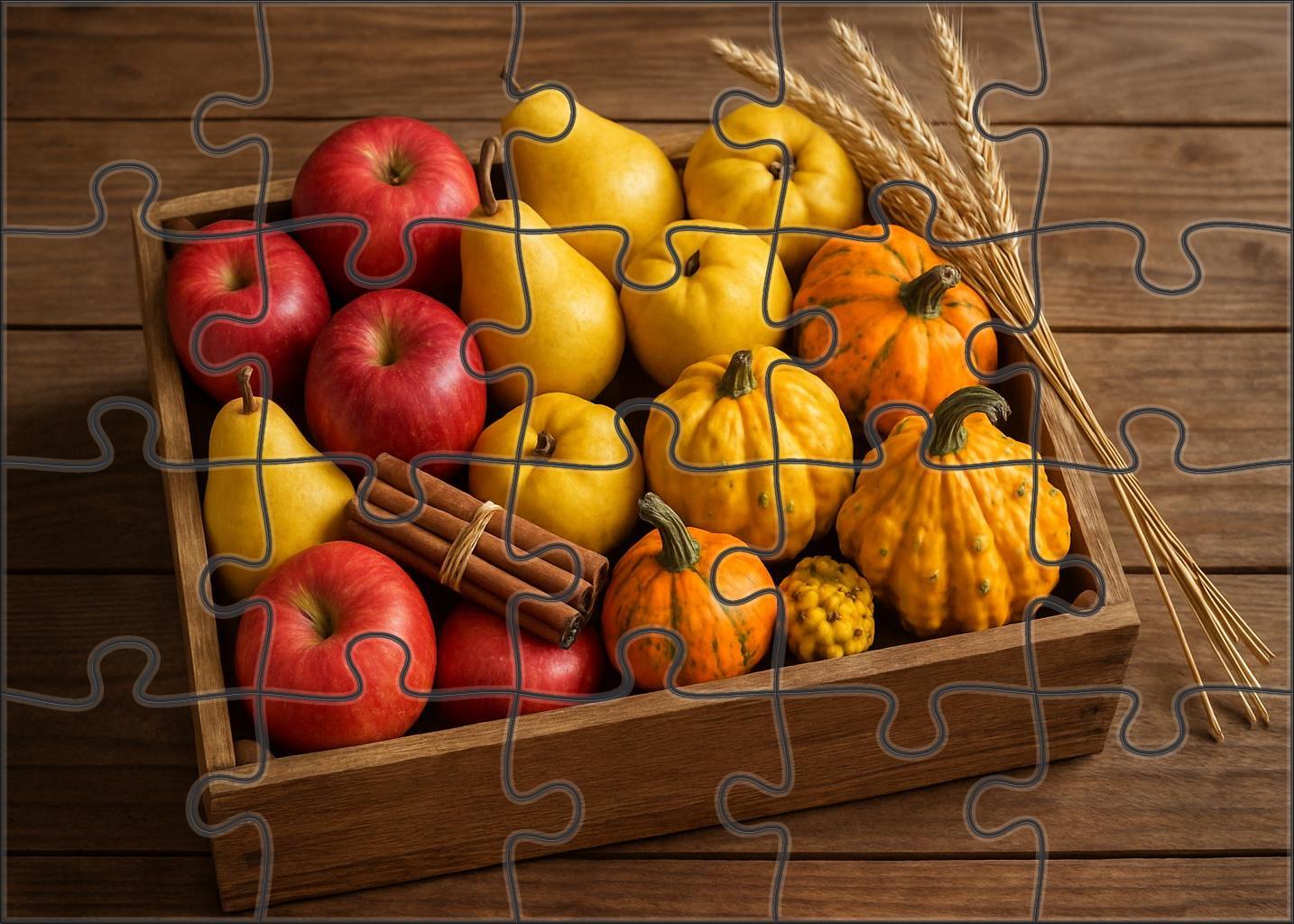 Sunlit Harvest Crate Mixed Autumn Fruits And Squash In Rustic Display Puzzle Challenge