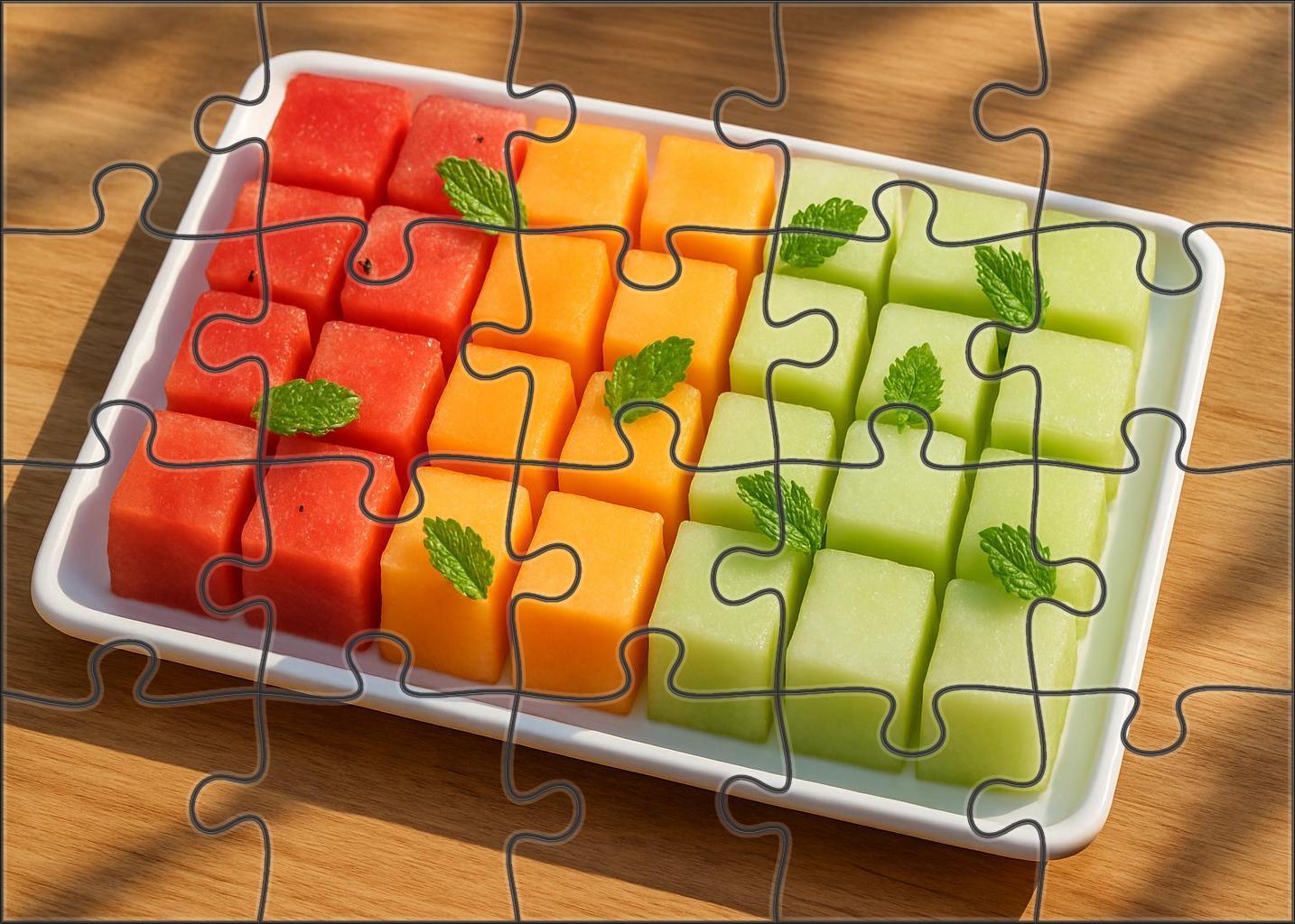 Sunset Melon Medley Watermelon Cantaloupe And Honeydew Cubes With Mint Premium Puzzle Pieces
