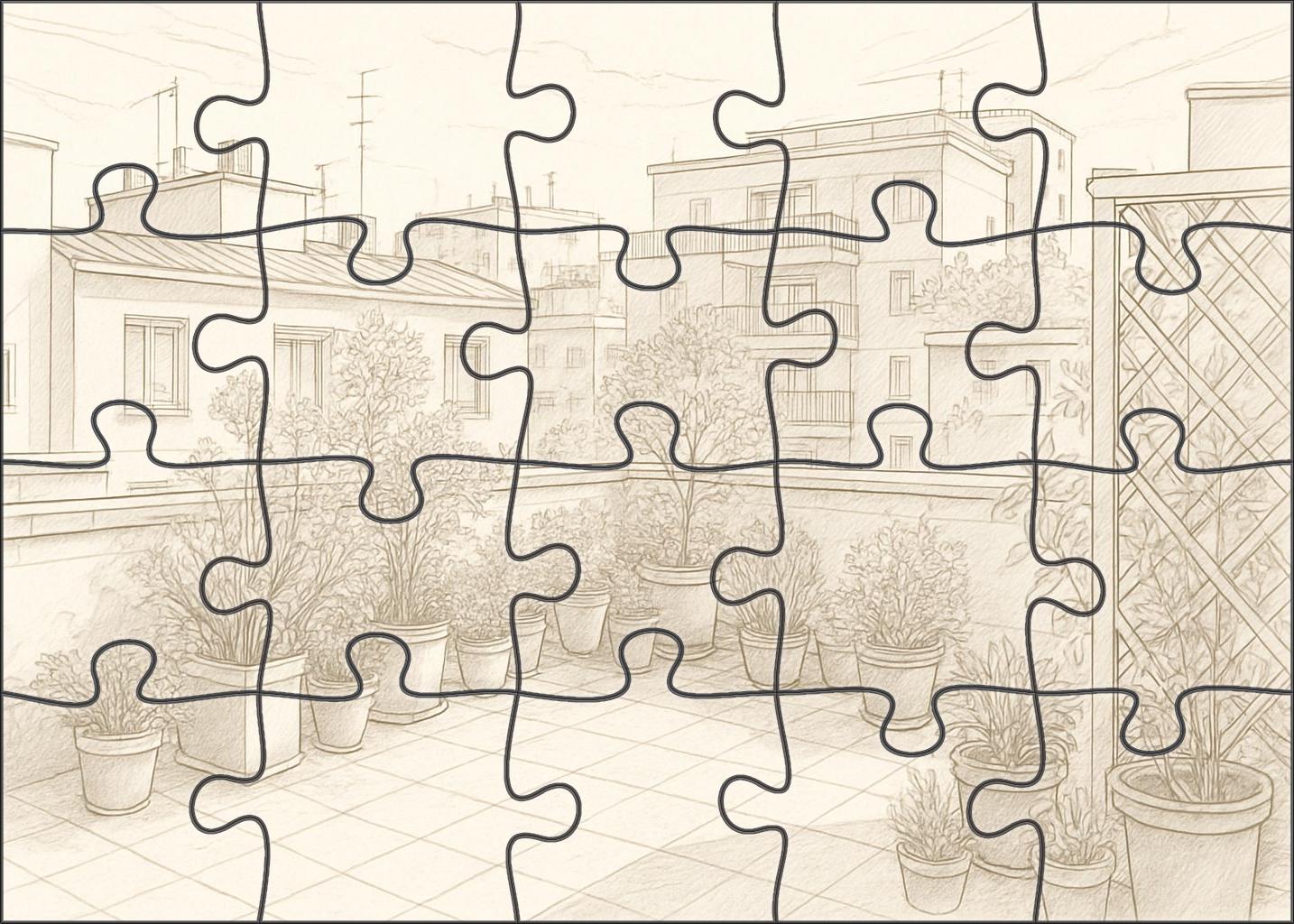Urban Rooftop Garden Sketch Delicate Ink Lines And Subtle Wash Large Format Puzzle