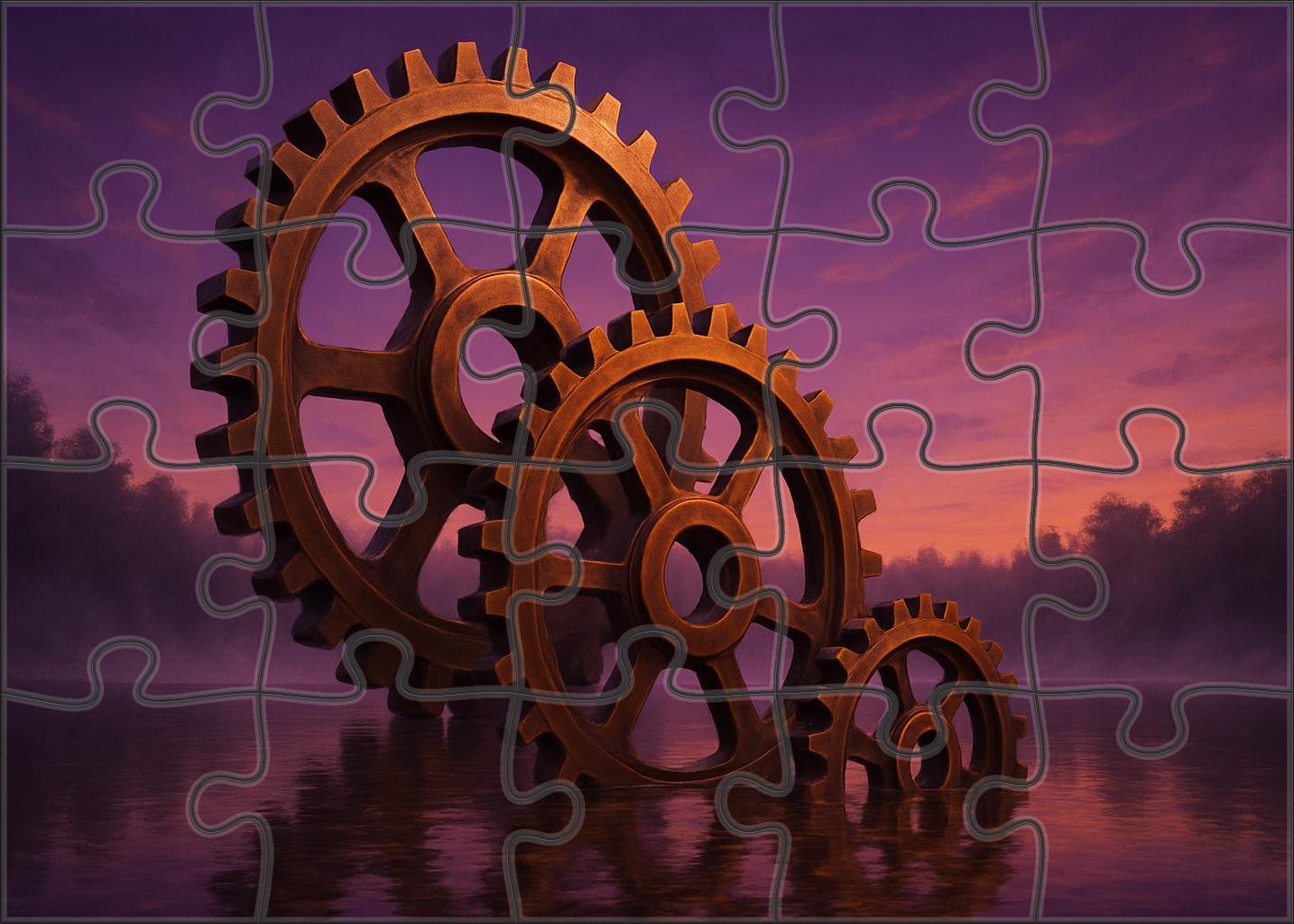 Clockwork Serenade Giant Gears Embracing A Twilight Lake Unique Puzzle Design