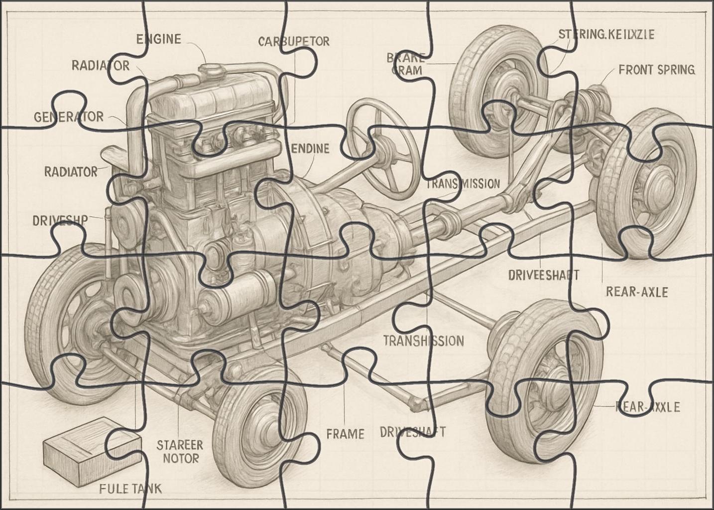 Vintage Vehicle Blueprint Detailed Technical Pencil Illustration Challenging Puzzles