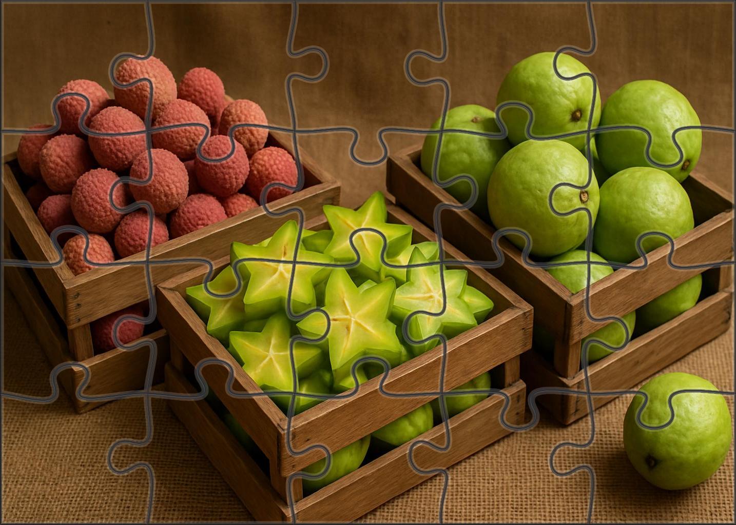 Exotic Market Spread Guava Starfruit And Lychee In Natural Wooden Crates Mini Puzzle