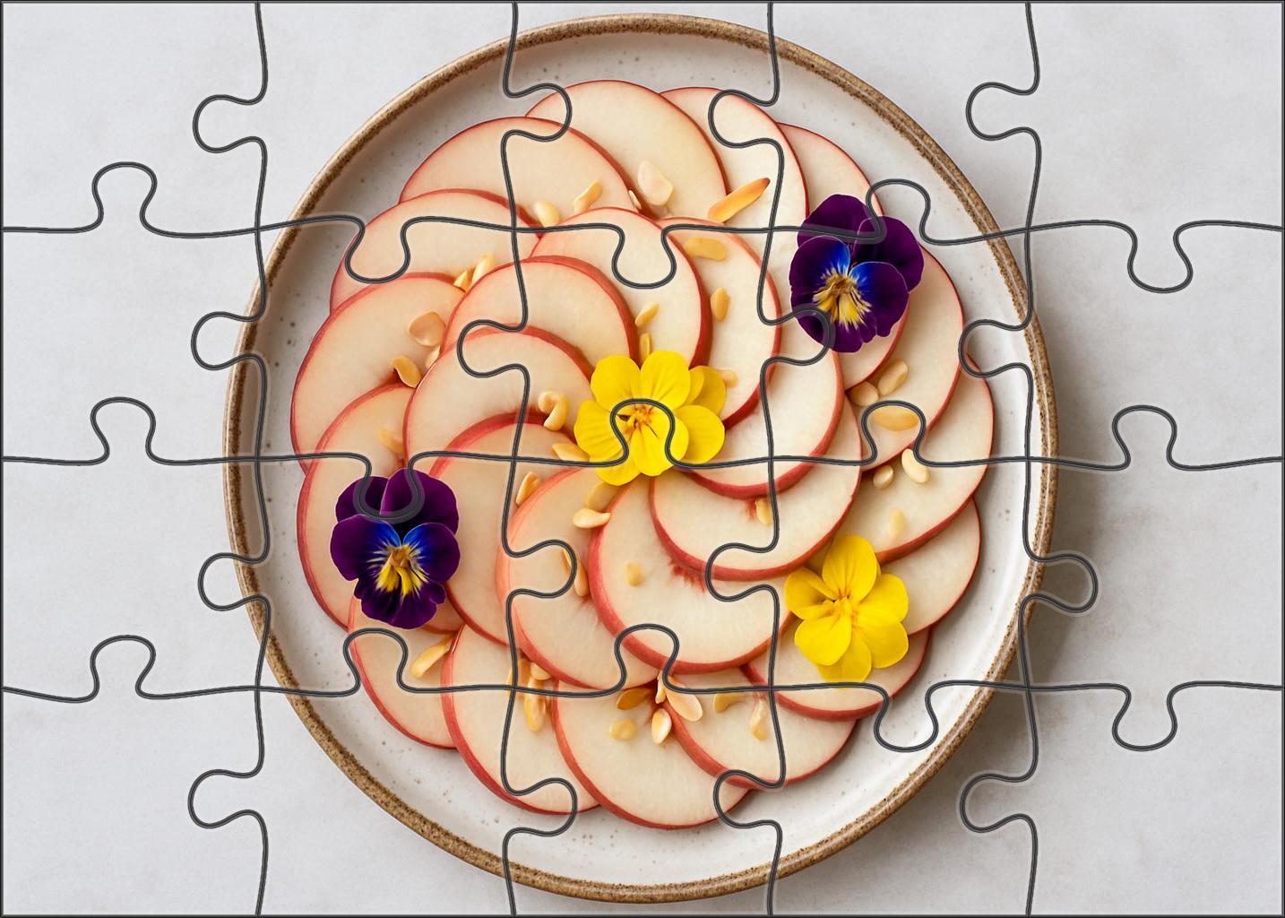 Peach Blossom Elegance Sliced White Peaches With Edible Flowers And Almonds 20 Piece Puzzle