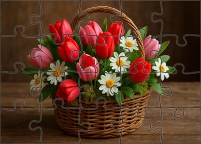 Springtime Harvest Basket Vibrant Mix Of Tulip-like And Daisy-style Blooms 50 Piece Puzzle