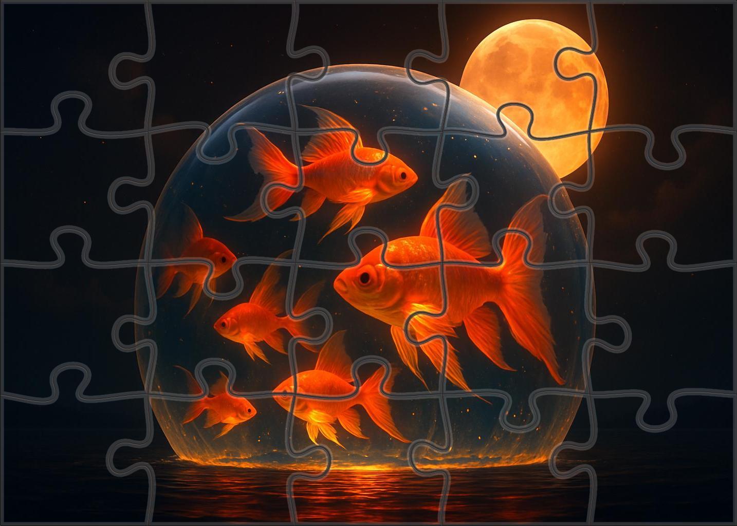 Harvest Moon Aquarium Giant Fishes Swimming Through Amber Night Puzzle Fun