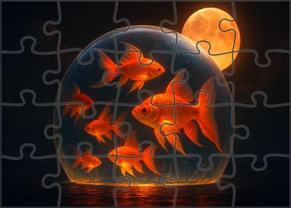 Harvest Moon Aquarium Giant Fishes Swimming Through Amber Night Puzzle Fun