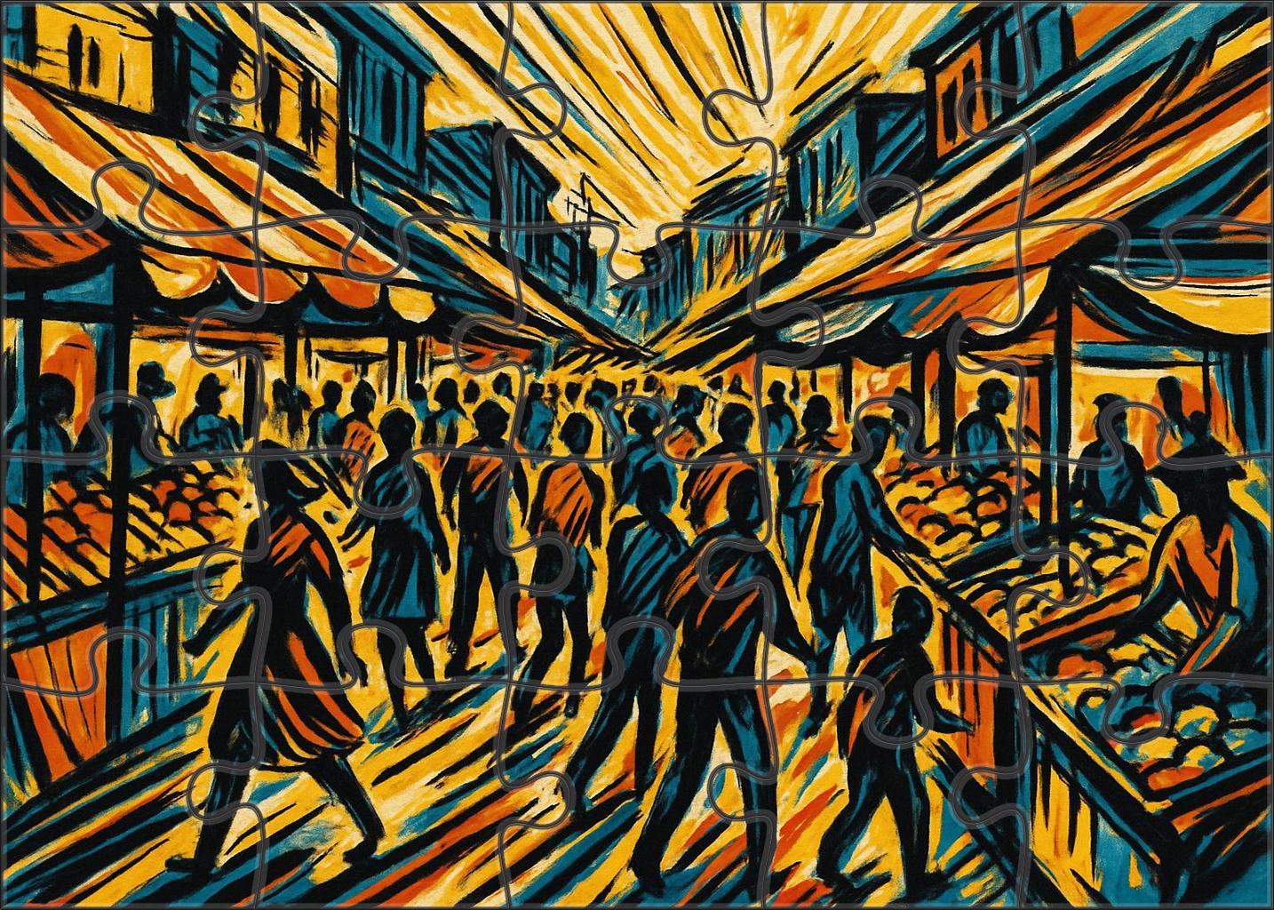 Dynamic Market Street Scene Expressive Ink Sketch With Bold Contours Large Format Puzzle
