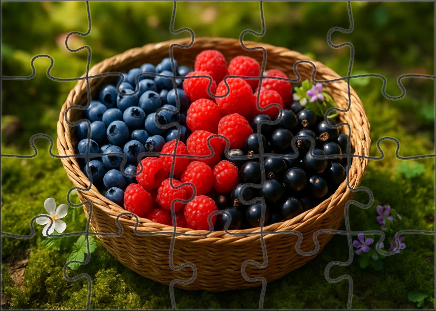 Forest Basket Wild Blueberries Raspberries And Black Currants Nestled In Moss 20 Piece Puzzle