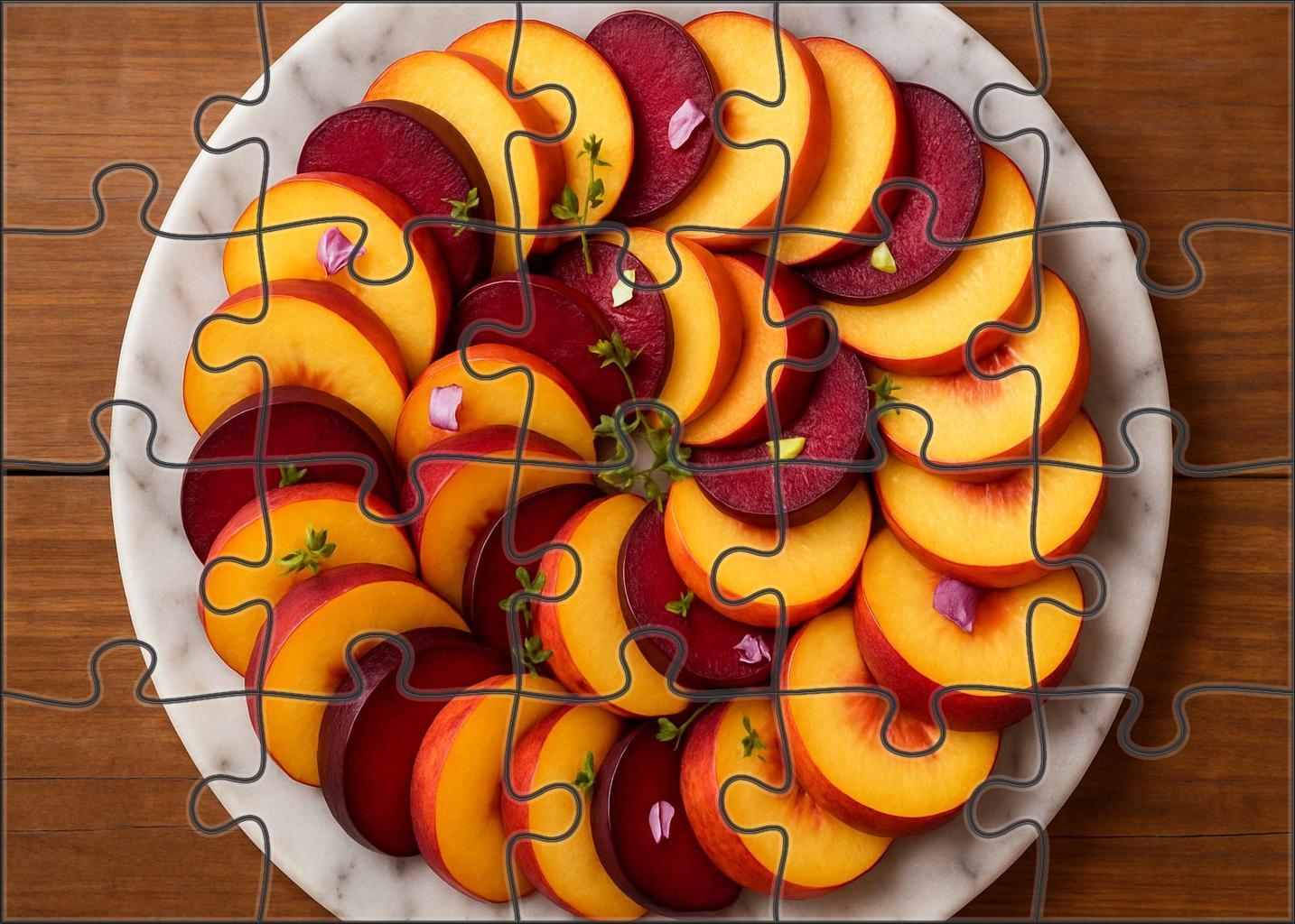 Stone Fruit Symphony Sliced Peaches Plums And Nectarines On Marble 20 Piece Puzzle