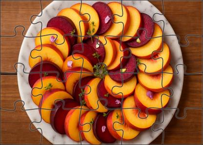 Stone Fruit Symphony Sliced Peaches Plums And Nectarines On Marble 20 Piece Puzzle