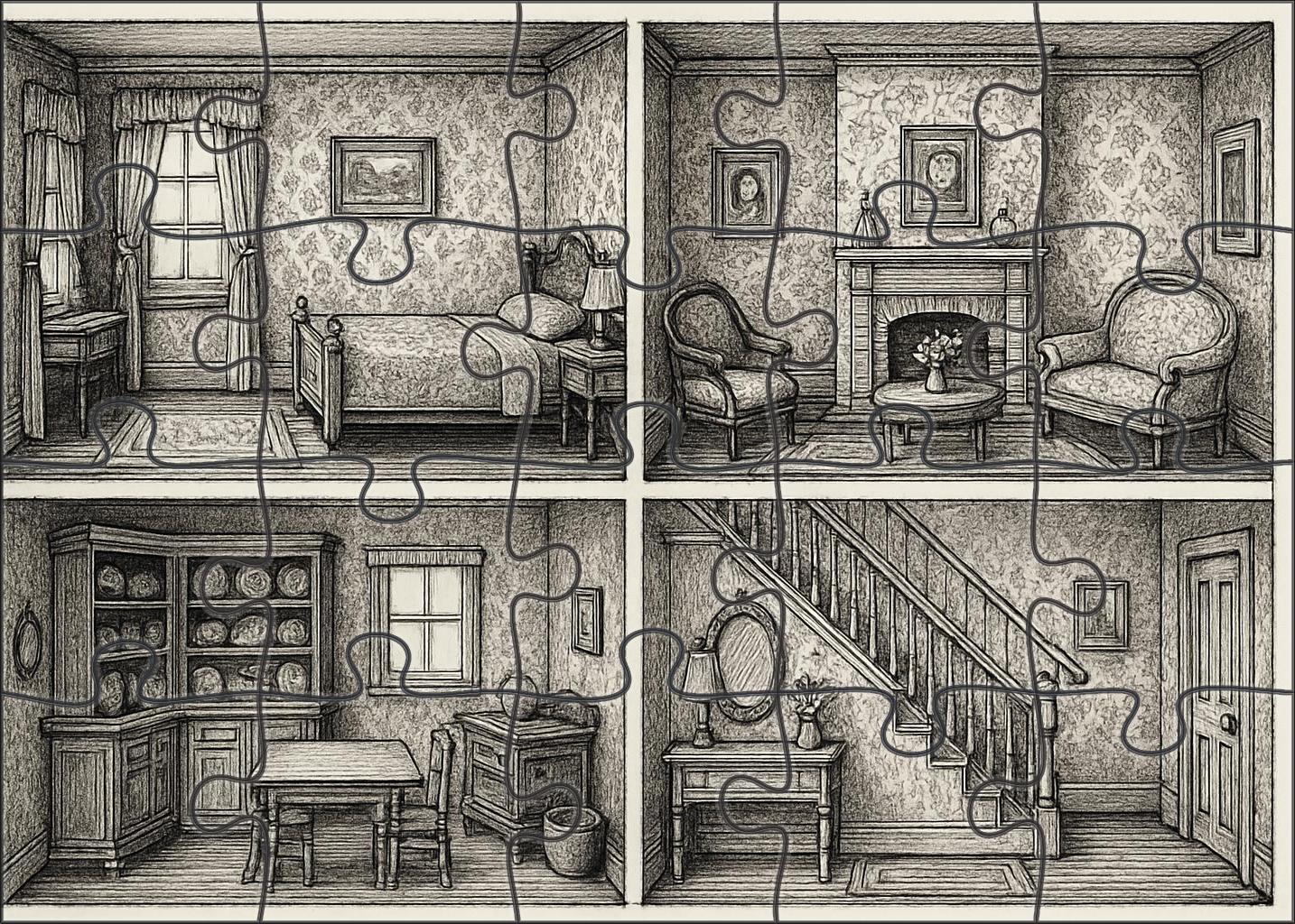 Victorian Dollhouse Interior Pen And Ink Architectural Sketch With Ornate Detail Puzzle Collection