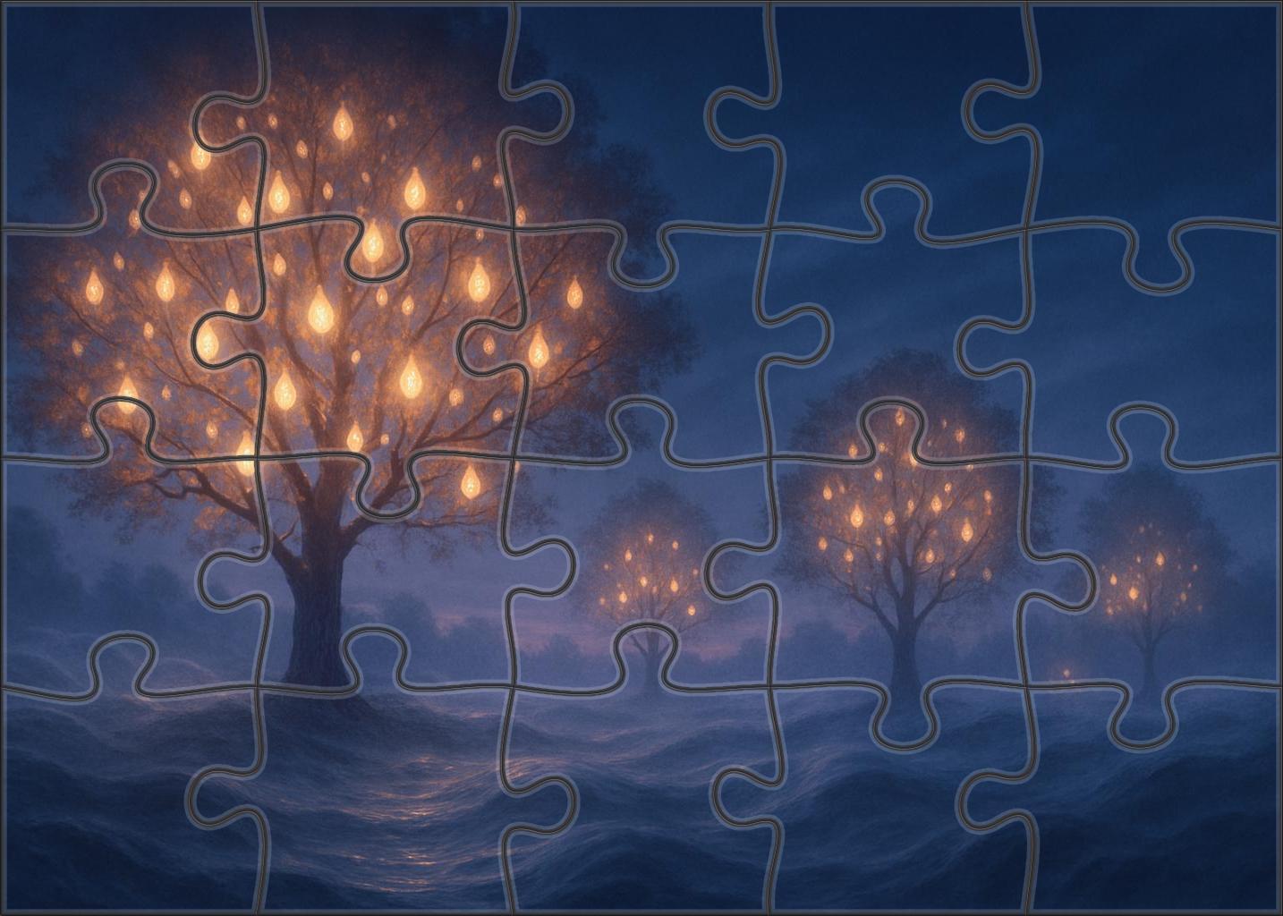 Whispering Lantern Grove Illuminated Trees Murmuring In Twilight Puzzle Fun