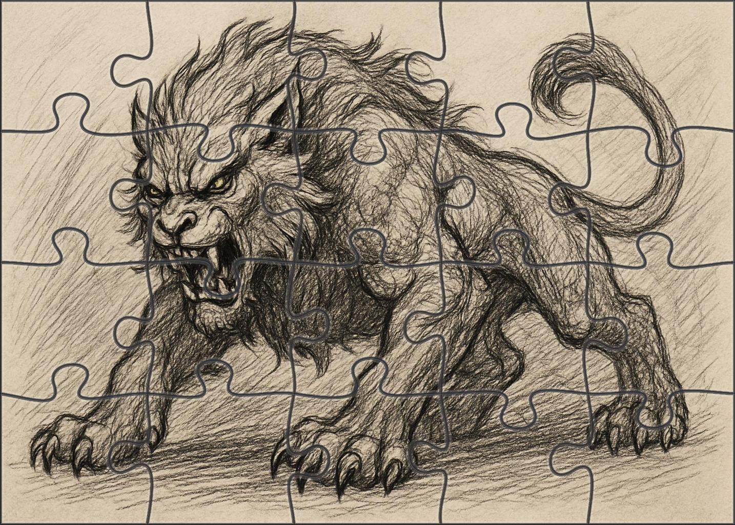 Mythical Beast Concept Sketch Energetic Graphite And Ink Overlay Puzzle Challenge