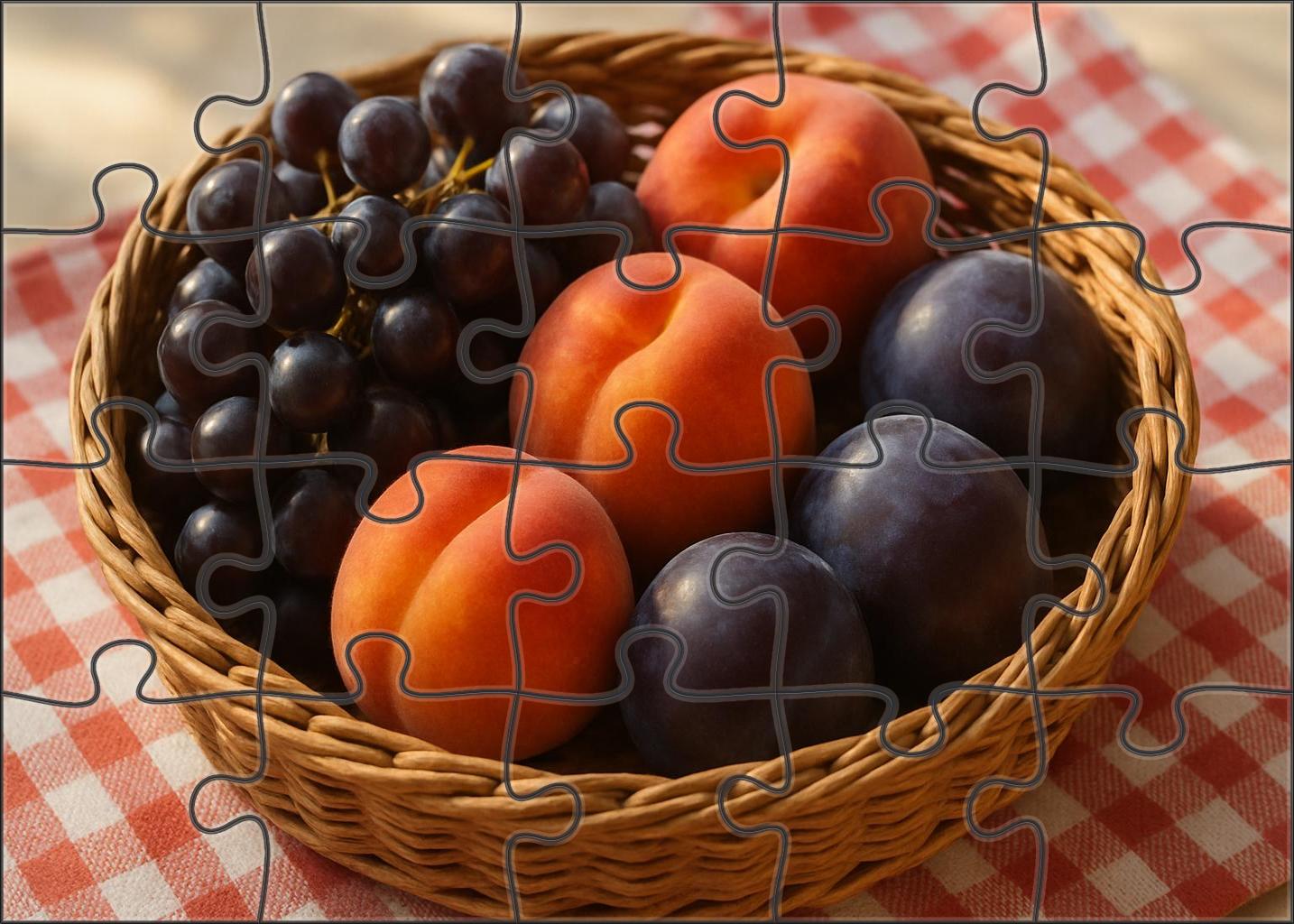 Orchard Harvest Rustic Basket Of Stone Fruits And Grapes Puzzle Challenge