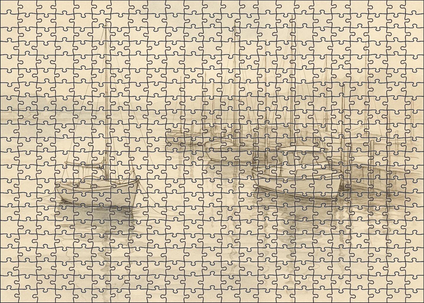 Silent Harbor Nocturne Ink Wash And Fine Line Dockside Scene Premium Puzzle Pieces