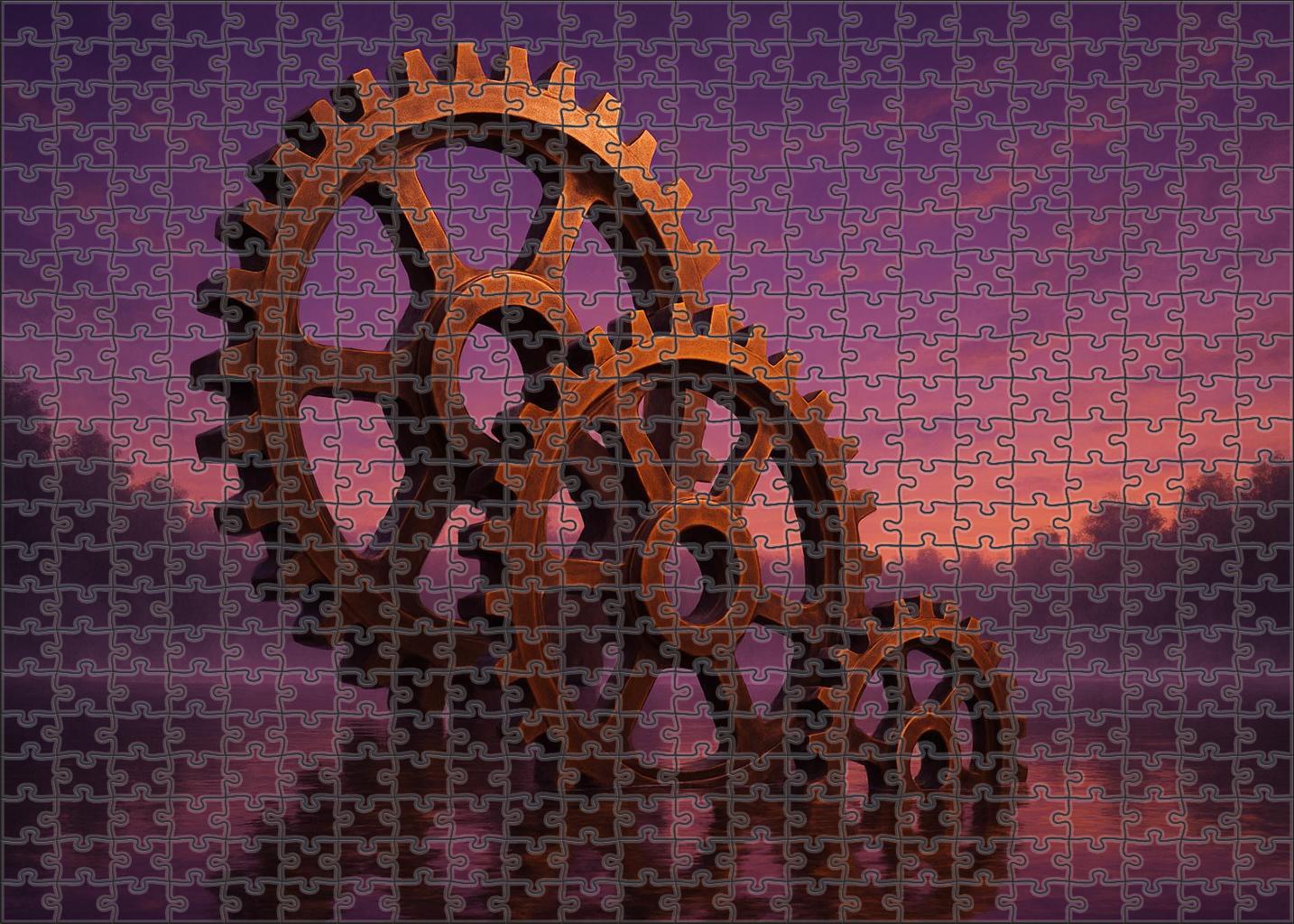 Clockwork Serenade Giant Gears Embracing A Twilight Lake Unique Puzzle Design