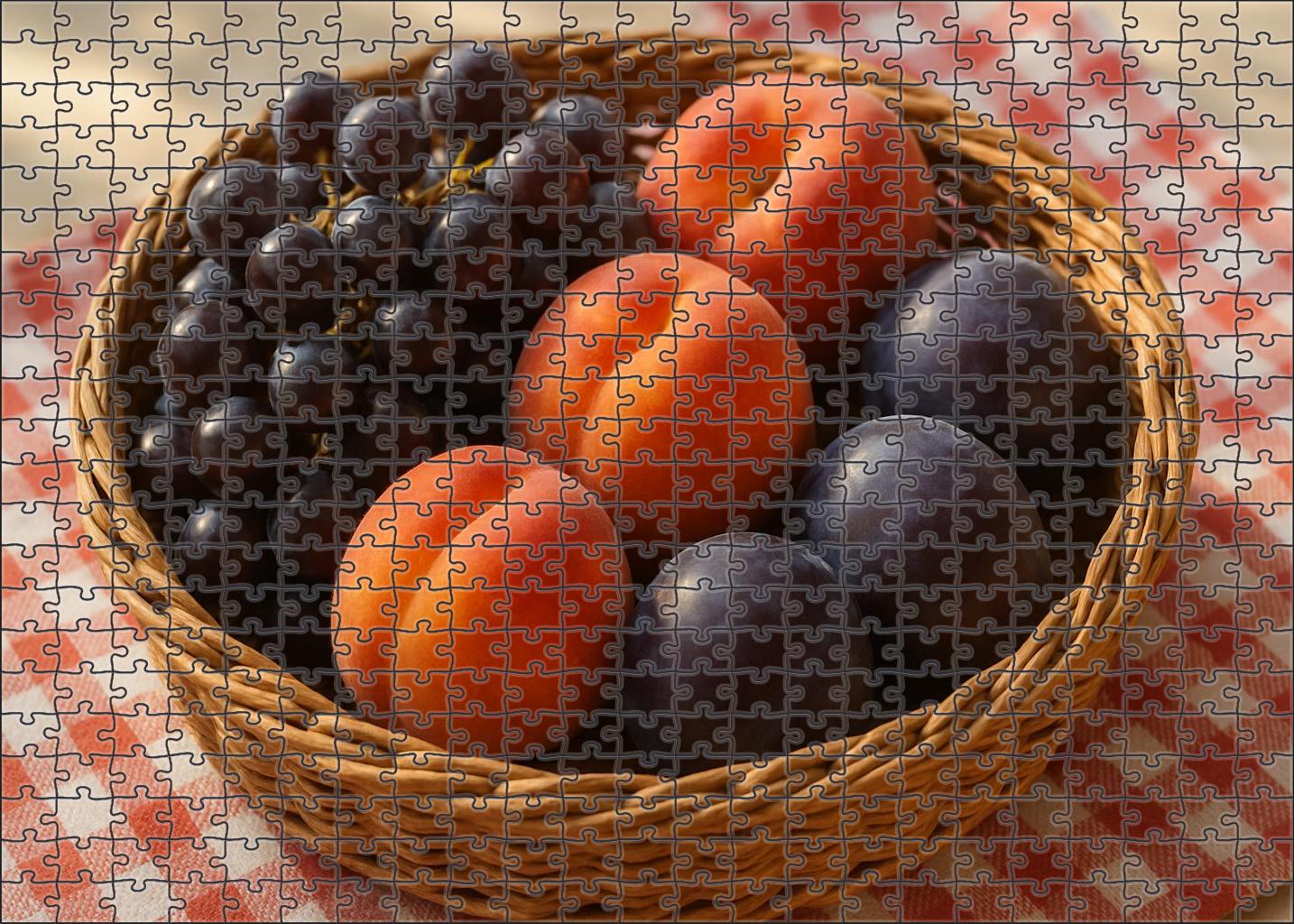 Orchard Harvest Rustic Basket Of Stone Fruits And Grapes Puzzle Challenge