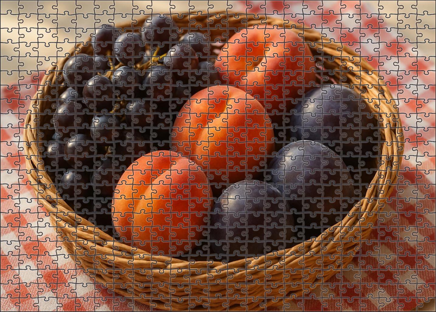 Orchard Harvest Rustic Basket Of Stone Fruits And Grapes Puzzle Challenge