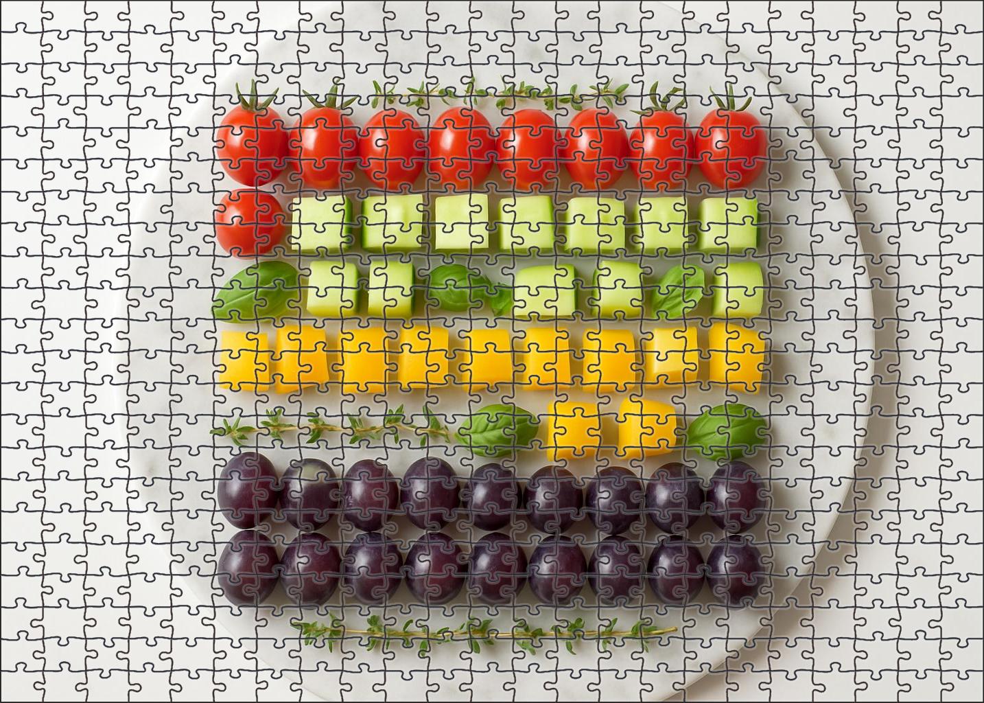Garden Fresh Mosaic Colorful Veggies And Fruits In Geometric Patterns Puzzle Challenge