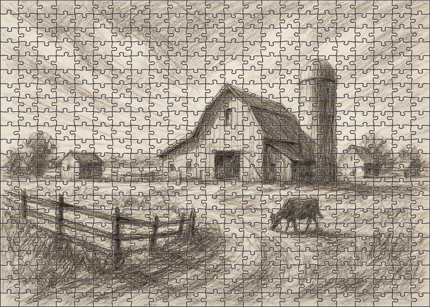 Rustic Farmstead Panorama Loose Pencil And Ink Mixed Media Custom Jigsaw Puzzle