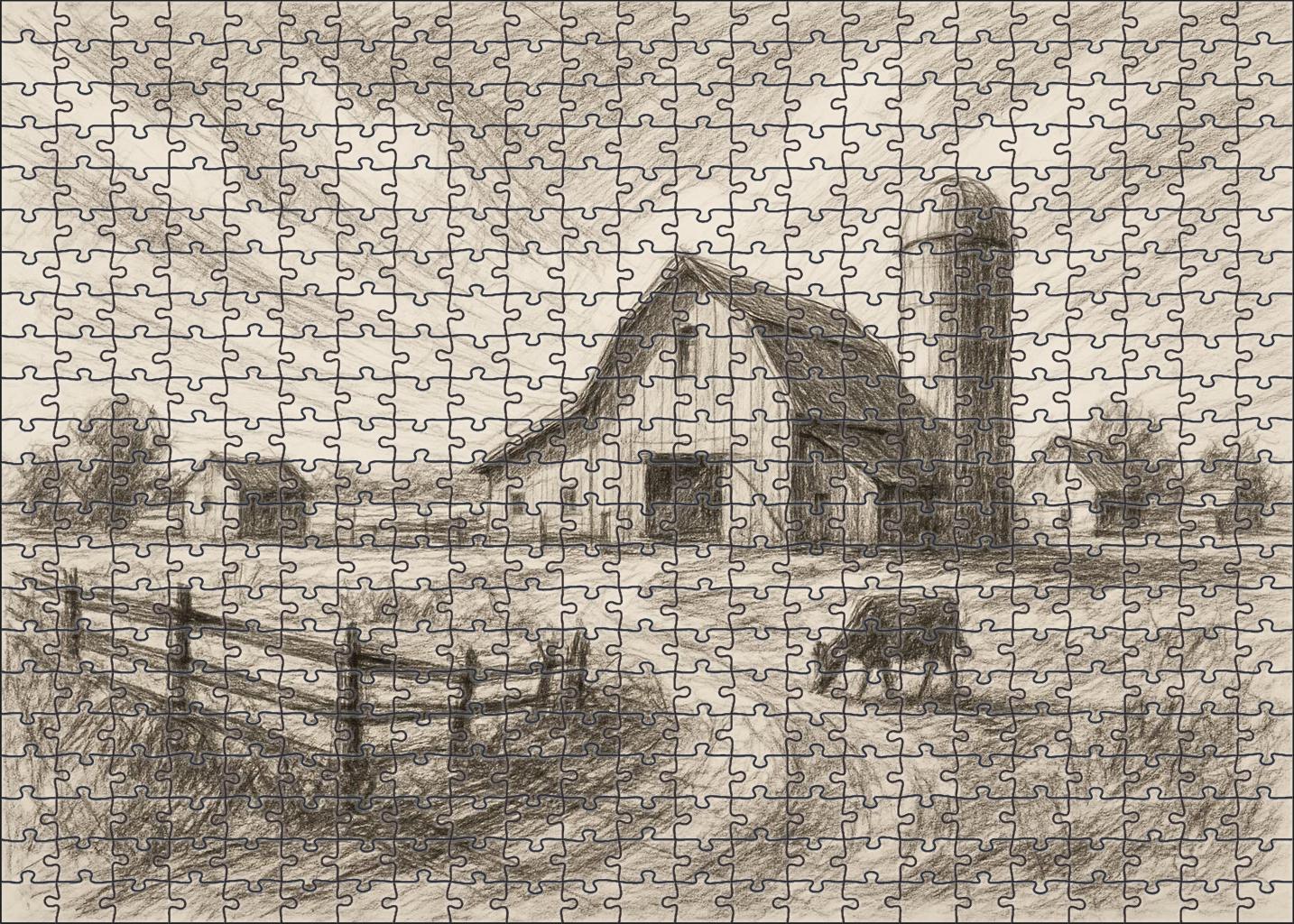 Rustic Farmstead Panorama Loose Pencil And Ink Mixed Media Custom Jigsaw Puzzle