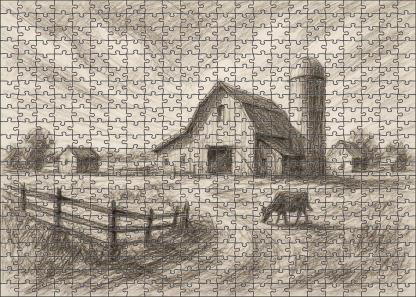 Rustic Farmstead Panorama Loose Pencil And Ink Mixed Media Custom Jigsaw Puzzle