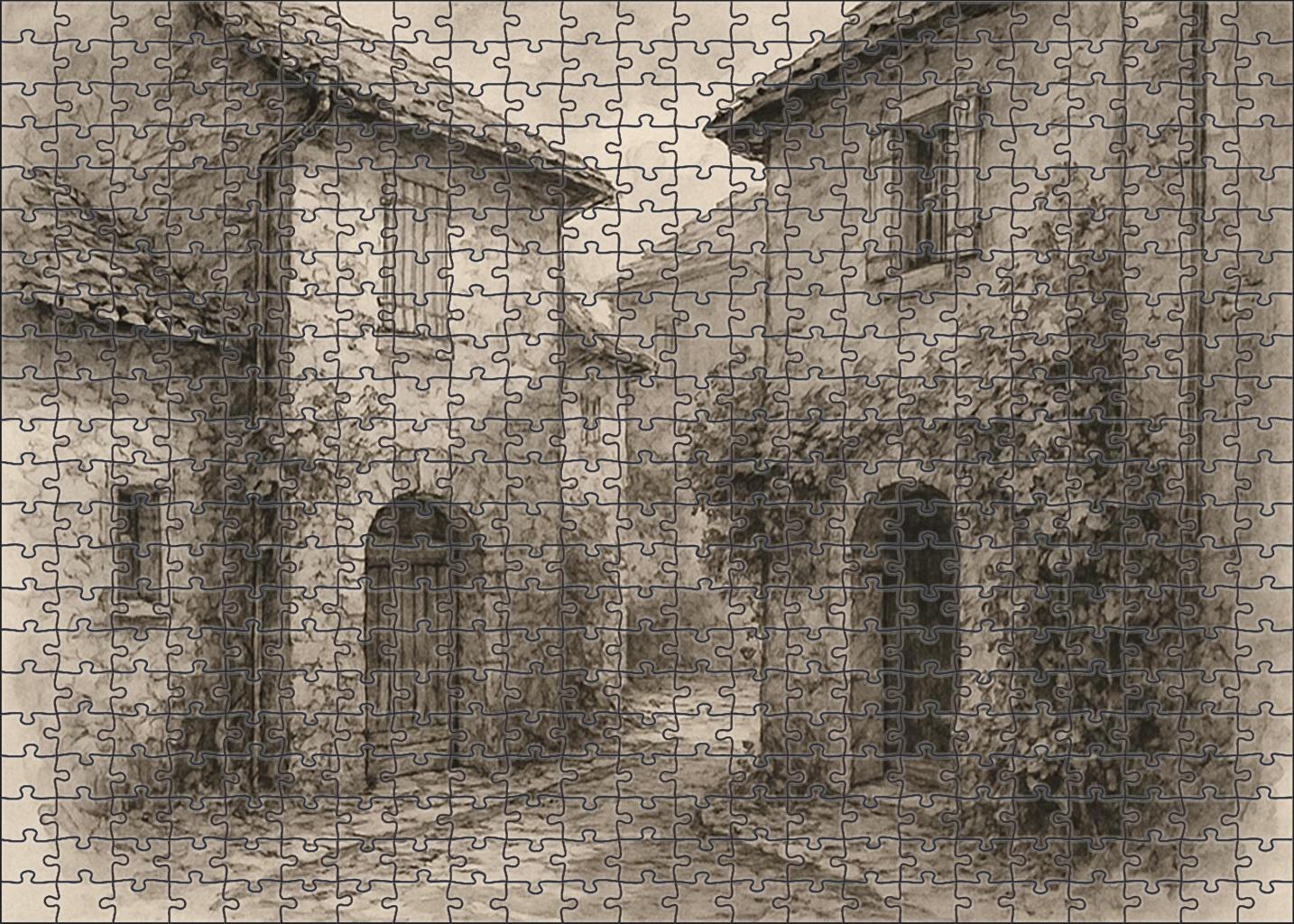 Rustic Village Scene Ink Pen And Wash Drawing With Textured Architectural Detail Mini Puzzle