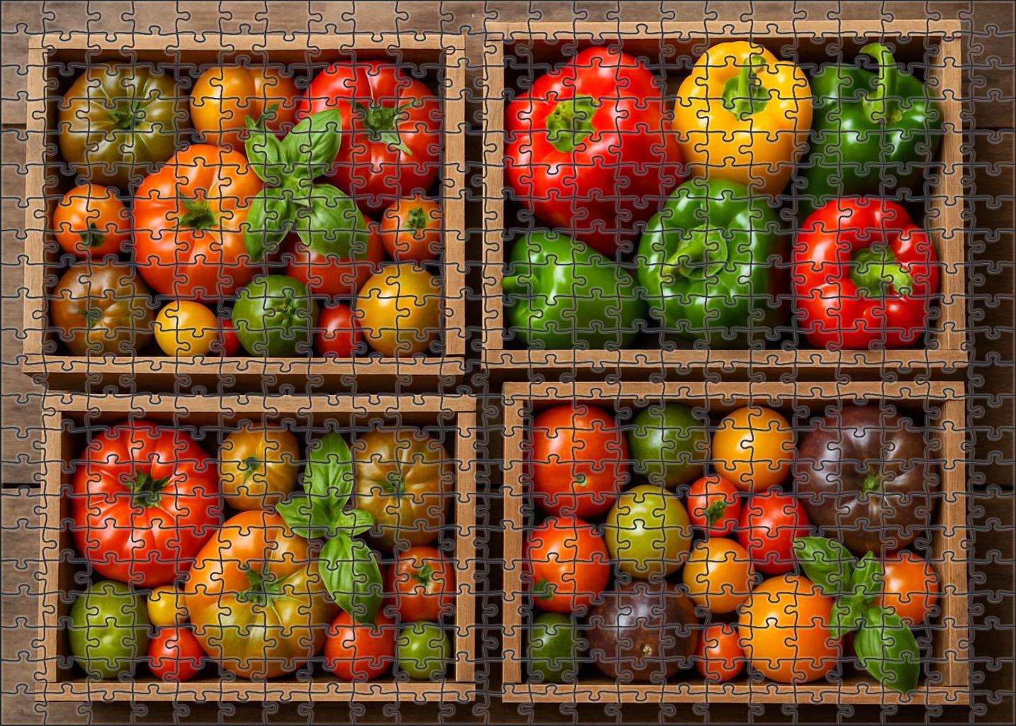 Farmers Market Frenzy Wooden Crates Brimming With Heirloom Tomatoes And Colorful Peppers Premium Puzzle Pieces