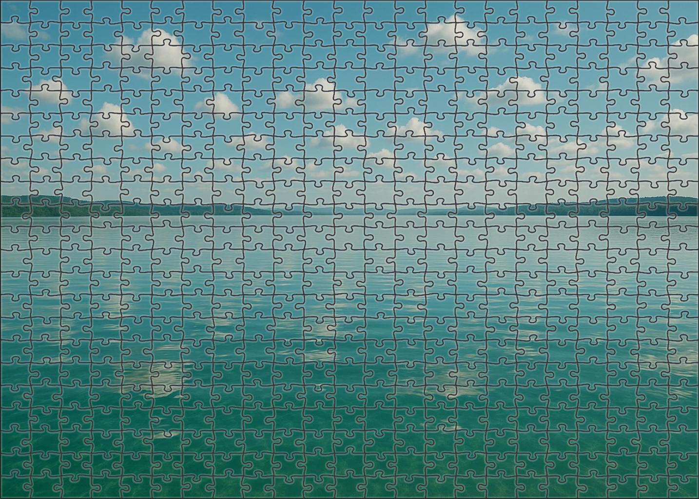 Emerald Twilight Reflection Enchanting Hues Above Tranquil Waters Puzzle Collection