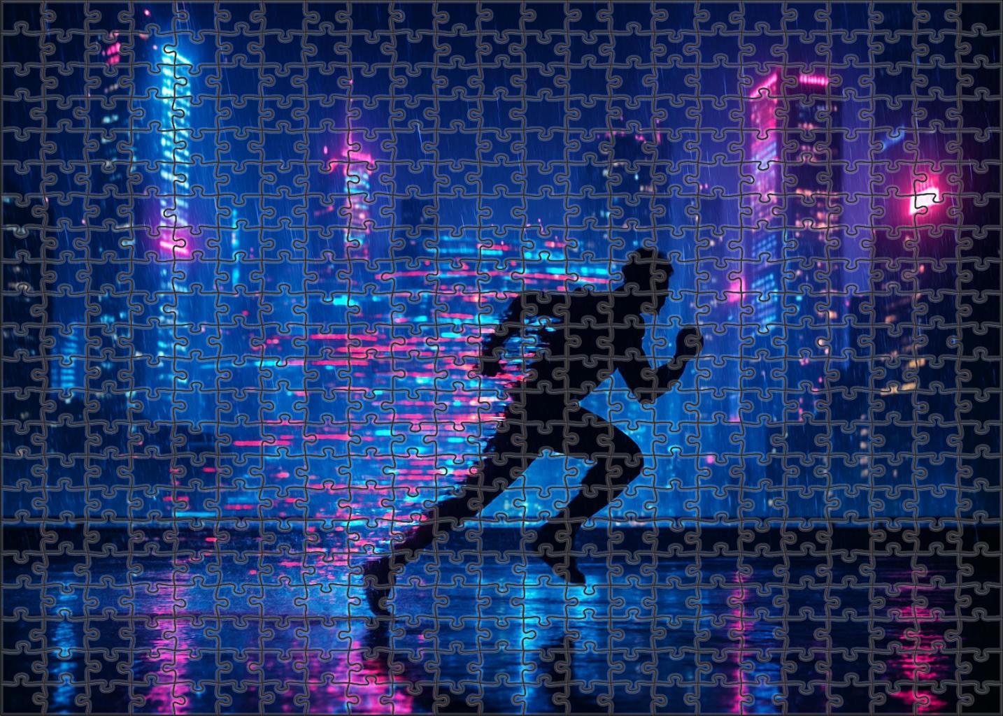 Synthwave Skyline Runner Neon Nights And Digital Dreams Premium Puzzle Pieces