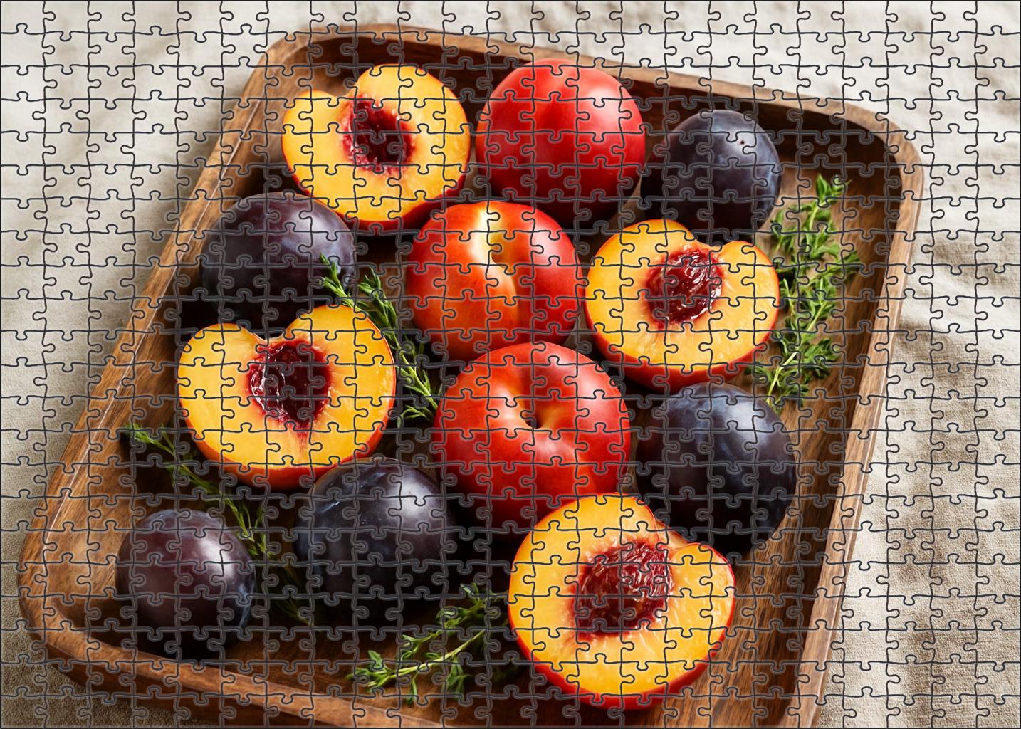 Sunlit Orchard Elegance Mixed Stone Fruits In Handcrafted Wooden Tray Mini Puzzle