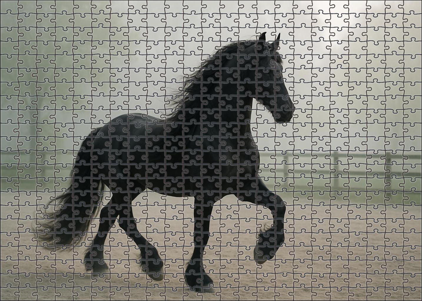 Midnight Cascade Black Friesian Mare With Flowing Mane And Majestic Presence Mini Puzzle