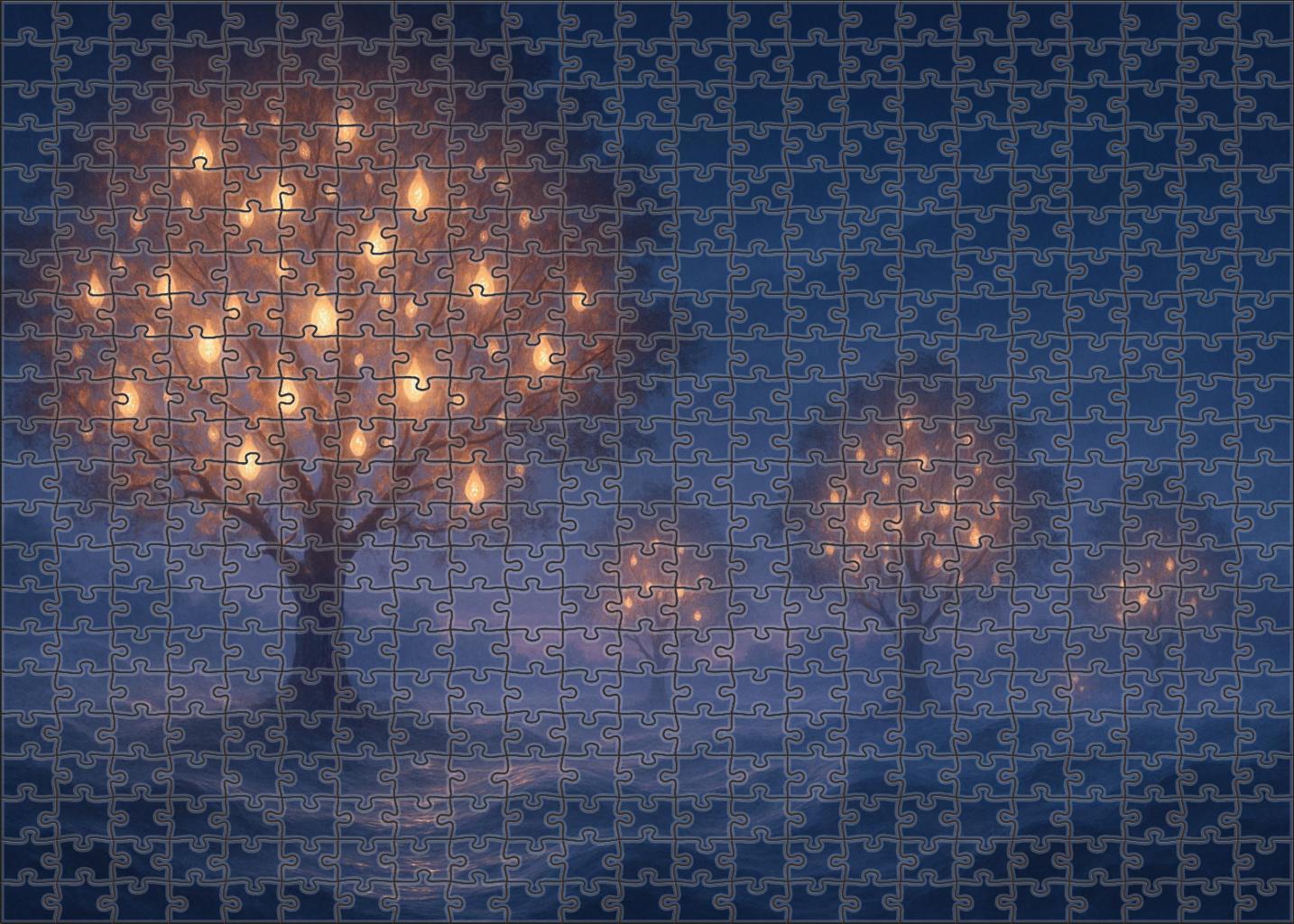 Whispering Lantern Grove Illuminated Trees Murmuring In Twilight Puzzle Fun