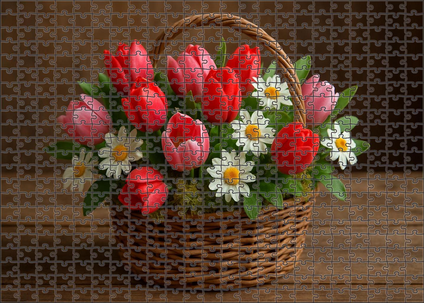 Springtime Harvest Basket Vibrant Mix Of Tulip-like And Daisy-style Blooms 50 Piece Puzzle