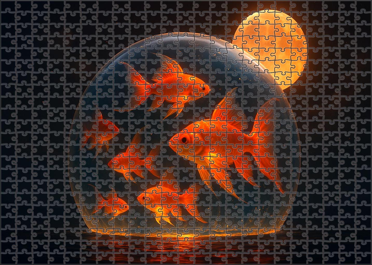 Harvest Moon Aquarium Giant Fishes Swimming Through Amber Night Puzzle Fun